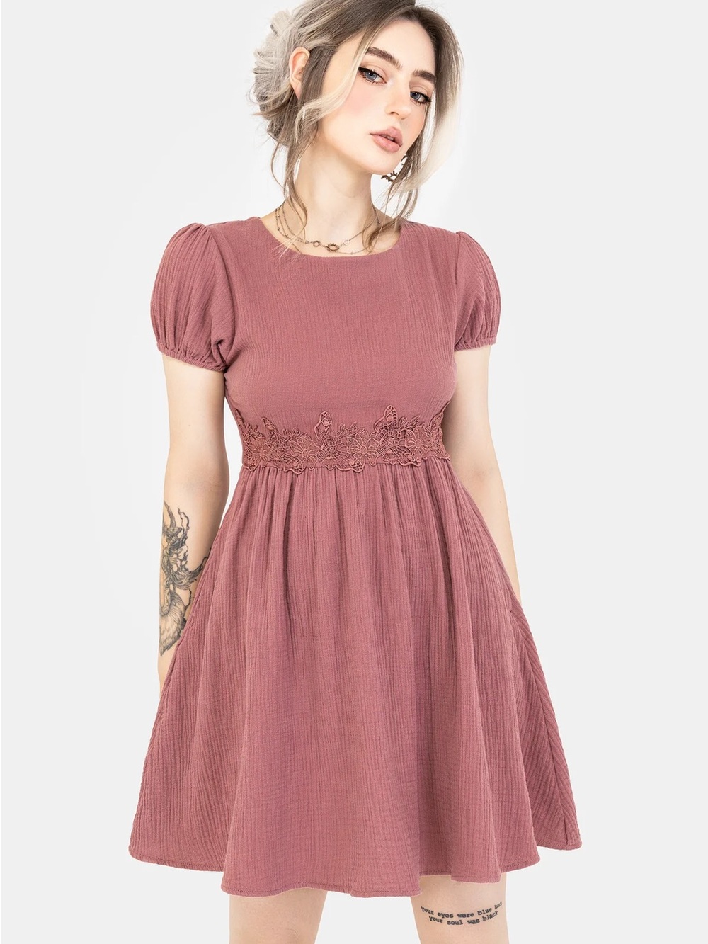 Disturbia Mauve Puff Sleeve Lace-Waist Dress